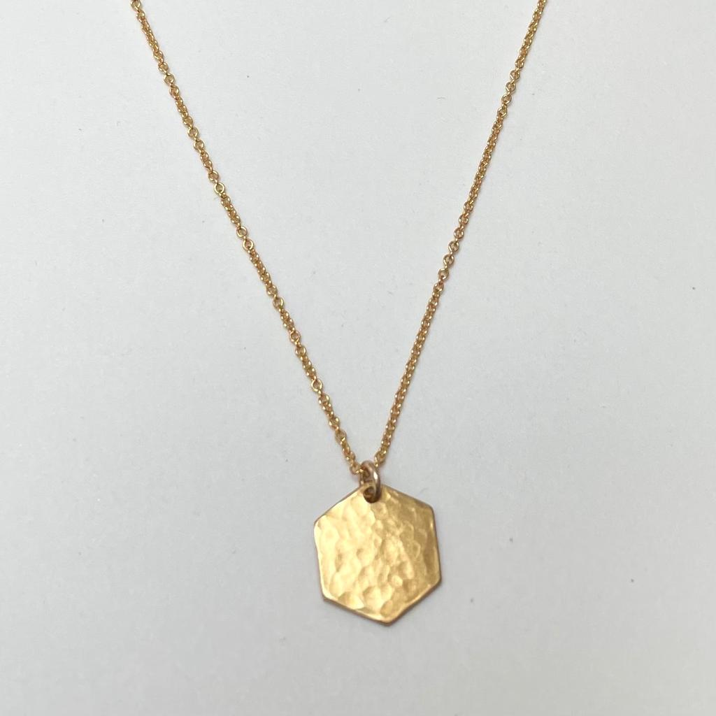 hammered brass hexagon necklace on gold filled chain 