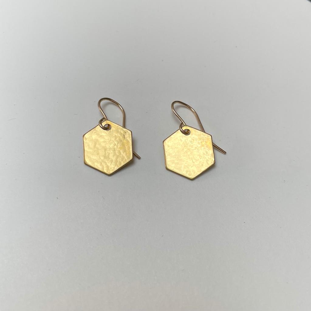 hexagon earrings brass hammered on ear wires 