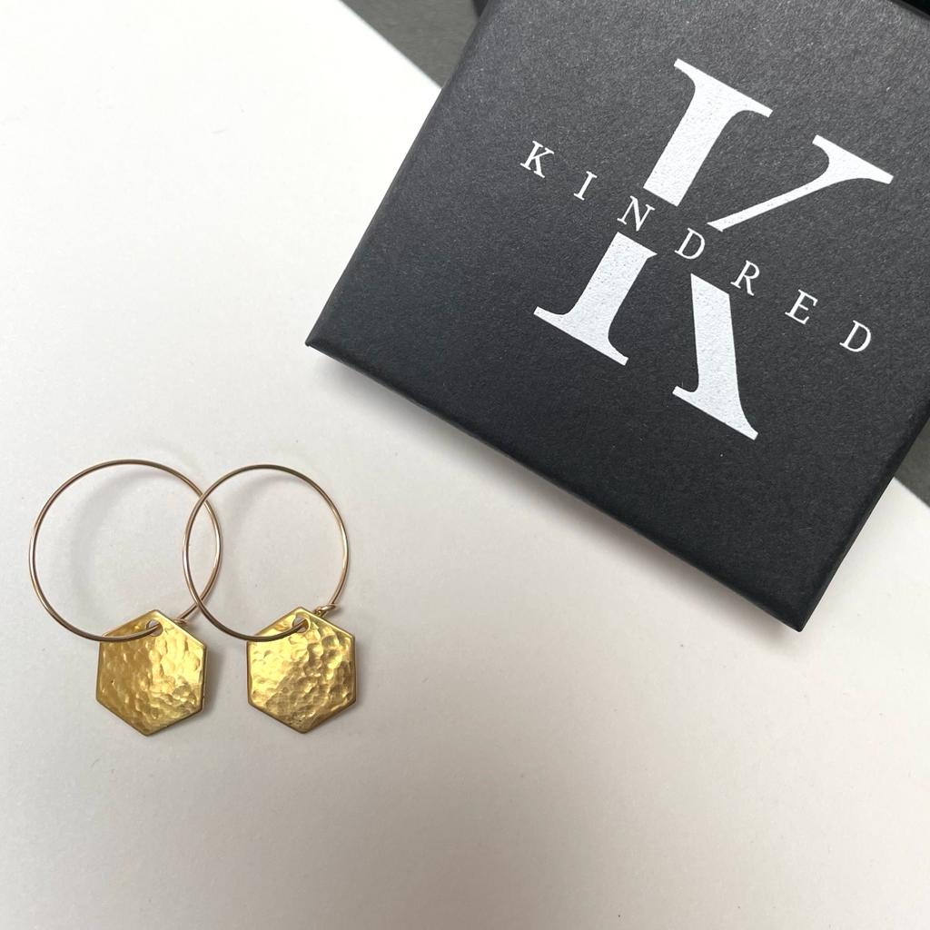 hammered brass hexagons on gold filled hoops with gift box