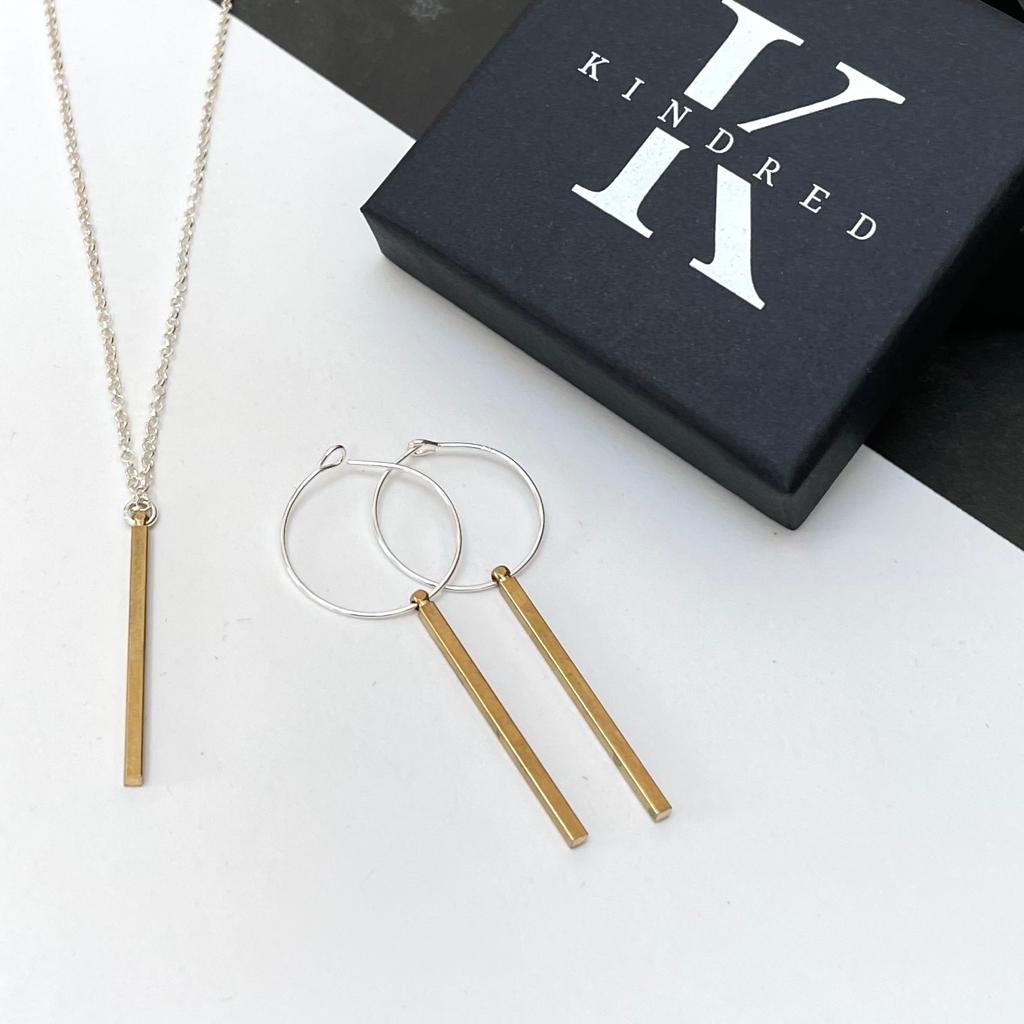 Brass bar earring and necklace set