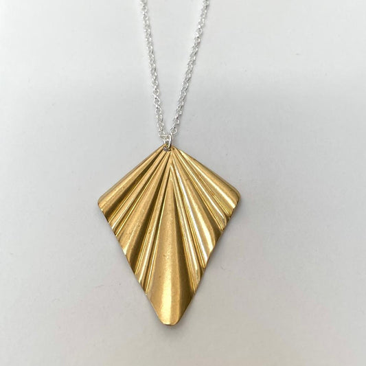 Large brass fan necklace on sterling silver chain 