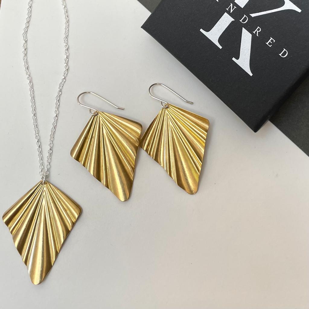 Large brass fan necklace and earrings with gift box 