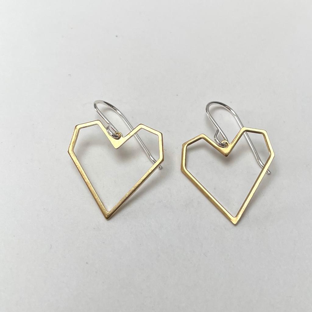 Brass geometric hearts on sterling silver ear wires