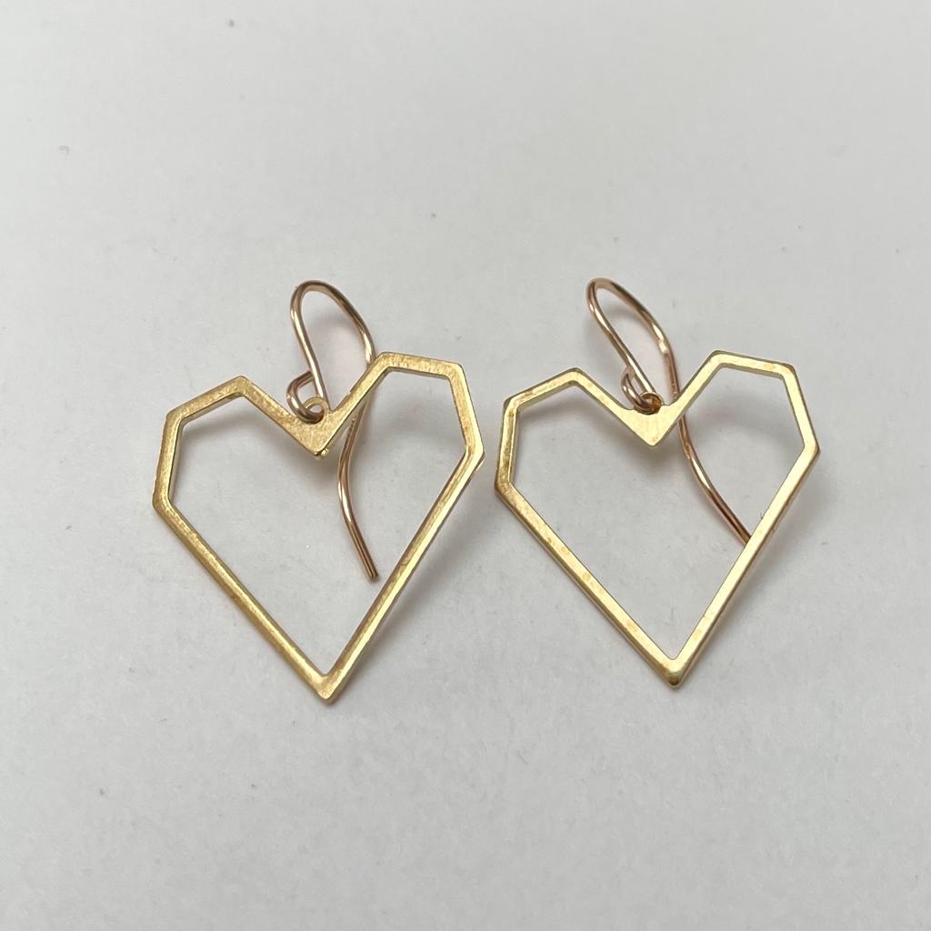 Brass geometric hearts on gold filled ear wires