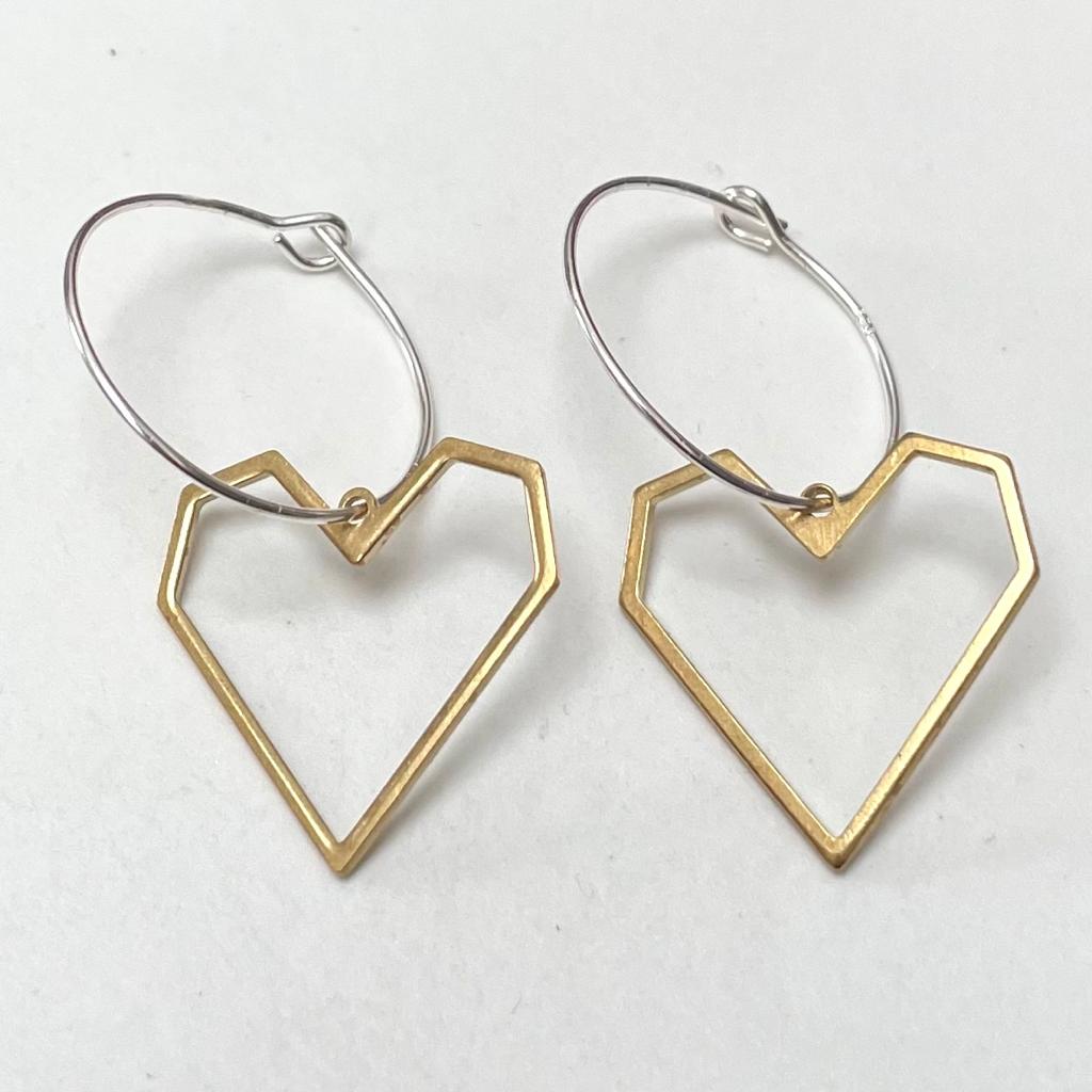 Brass geometric hearts on sterling silver hoops 