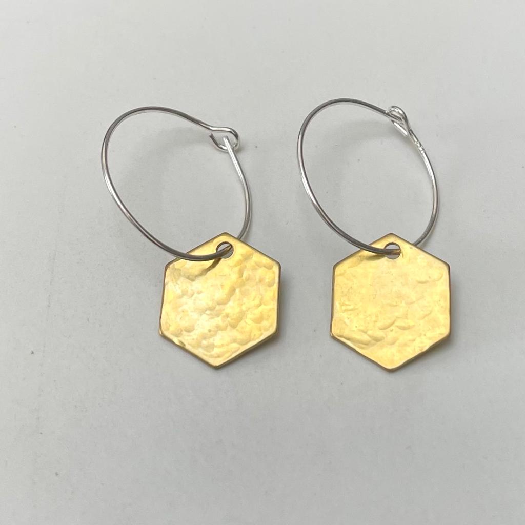 Hammered hexagon earrings on sterling silver hoops