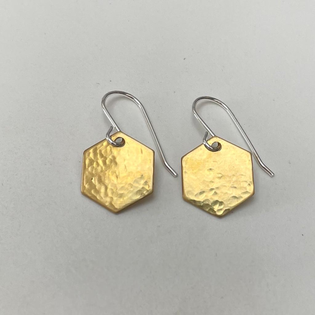 Hammered hexagon earrings on sterling silver ear wires